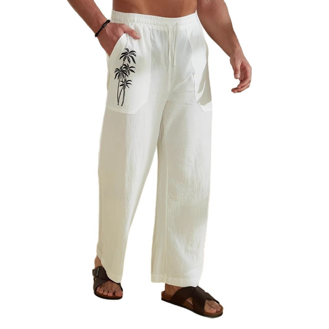 Herren Leichte Leinen-Loungehose mit weitem Bein, Kordelzug und aufgesetzten Taschen – Sorevano