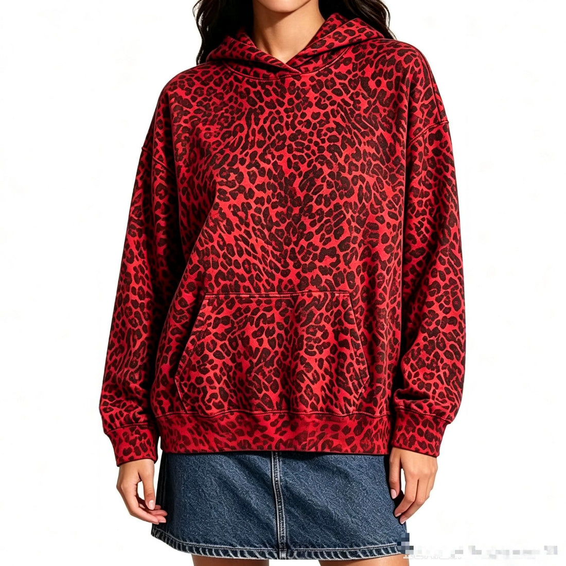 Damen Oversize-Kapuzenpullover mit Leomuster, Kängurutasche und überschnittener Schulter Echo Archiv