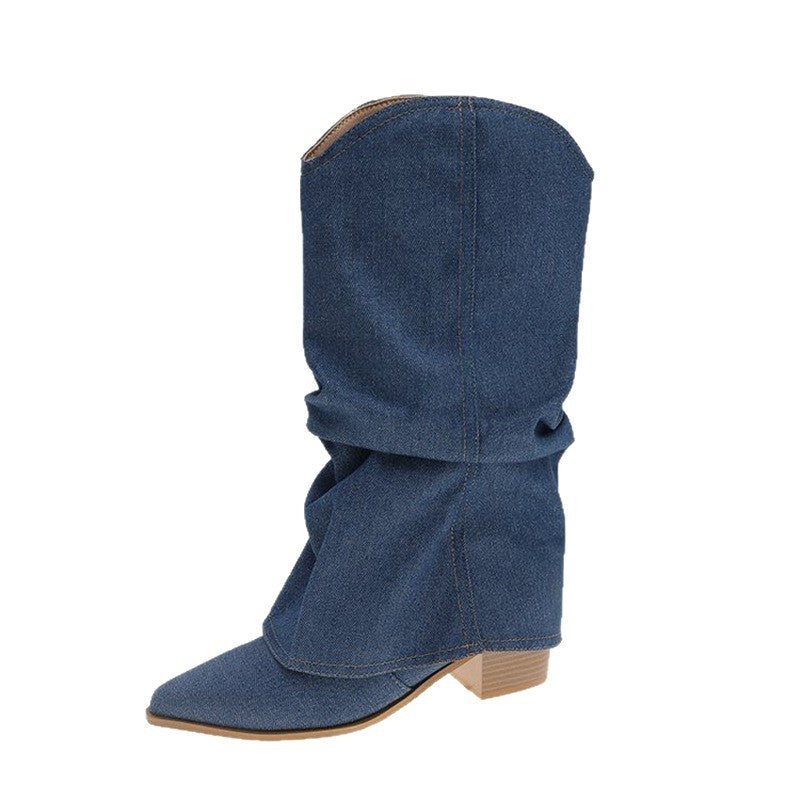 Damen Slouchy Cowboy‑Stiefel aus Denim mit spitzer Zehenform und niedrigem Blockabsatz – Lioré