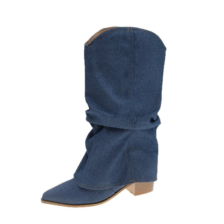 Damen Slouchy Cowboy‑Stiefel aus Denim mit spitzer Zehenform und niedrigem Blockabsatz – Lioré