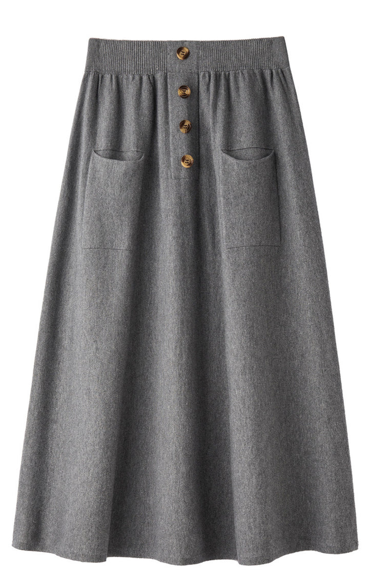 Damen Midirock aus Wollmix mit A‑Linie, elastischem Rippbund, Zierriegel‑Knopfleiste und aufgesetzten Taschen Echoarchiv