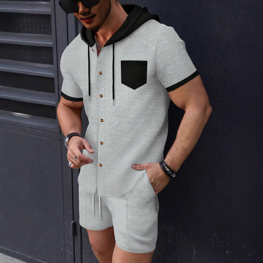 Herren lässiges Kurzarmhemd und Shorts-Set mit Kapuze und modischen Akzenten Echoarchiv