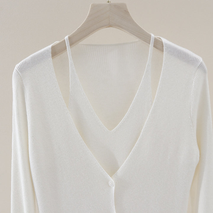 Damen feiner Rippstrick-Cardigan mit integriertem Spaghettitop und tiefem V-Ausschnitt Echo Archiv