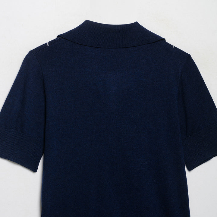 Damen Kurzarm-Polokragen-Strickpullover mit Rauten-Jacquard und Halbzip Echoarchiv