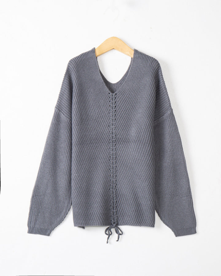 Damen Strickpullover mit Zopfmittelnaht, V‑Ausschnitt und Kordelzug Echo Archiv