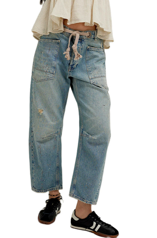 Damen nan hochgeschnittene Jeans im weiten Schnitt mit aufgesetzten Taschen und Kordelzug Echo Archiv