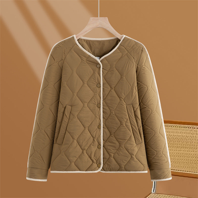 Damen gesteppte Übergangsjacke mit Rautenstepp, Rundhals und Druckknopfleiste – Célinea
