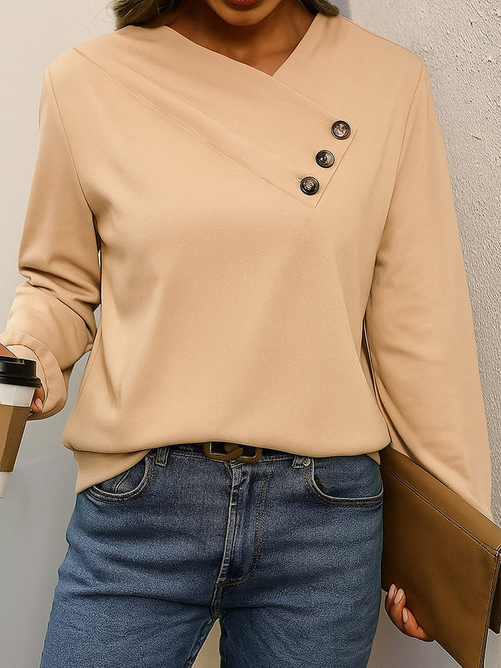 Damen Asymmetrische V-Ausschnitt Bluse mit Zierknopfleiste und Langarm – Élovi