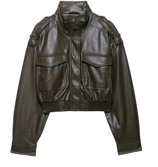 Damen 10+ kurzes Kunstleder‑Bomberjacke im Military‑Look mit Pattentaschen und Stehkragen Echo Archiv