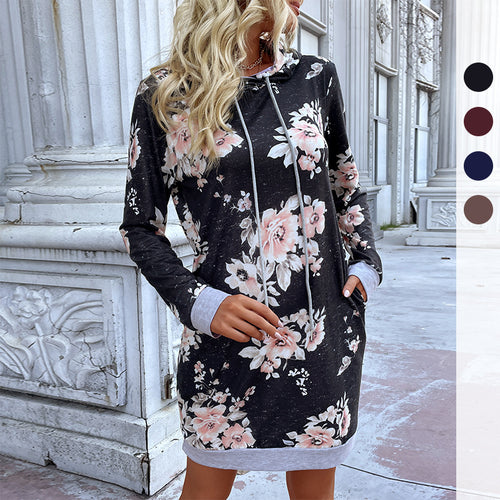 Damen Florales Hoodie-Kleid mit Kängurutasche Echo Archiv