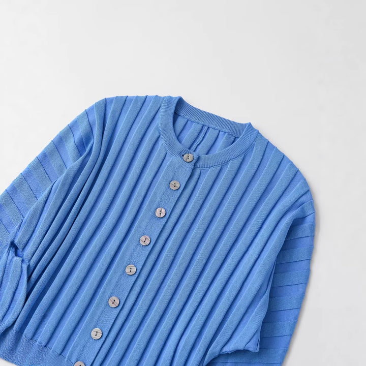 Damen Gerippte Strick-Cardigan mit Ballonärmeln und durchgehender Knopfleiste Echo Archiv