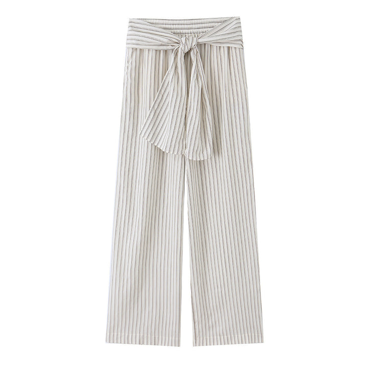 Damen Weite Highwaist-Hose mit vertikalen Streifen und Bindegürtel Echo Archiv