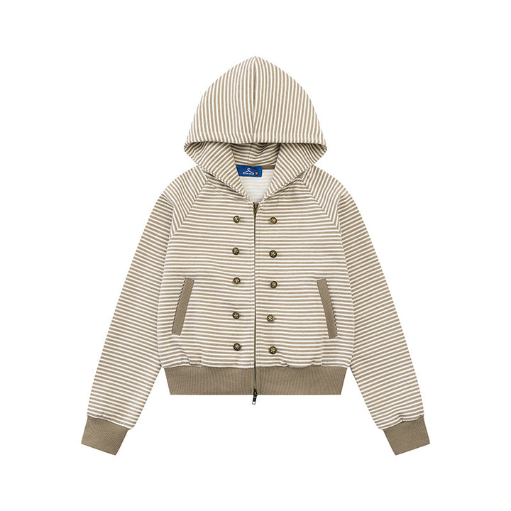 Damen gestreifte Kapuzen-Sweatjacke im Marine‑Look mit Doppelreiher‑Optik und Frontreißverschluss Echoarchiv