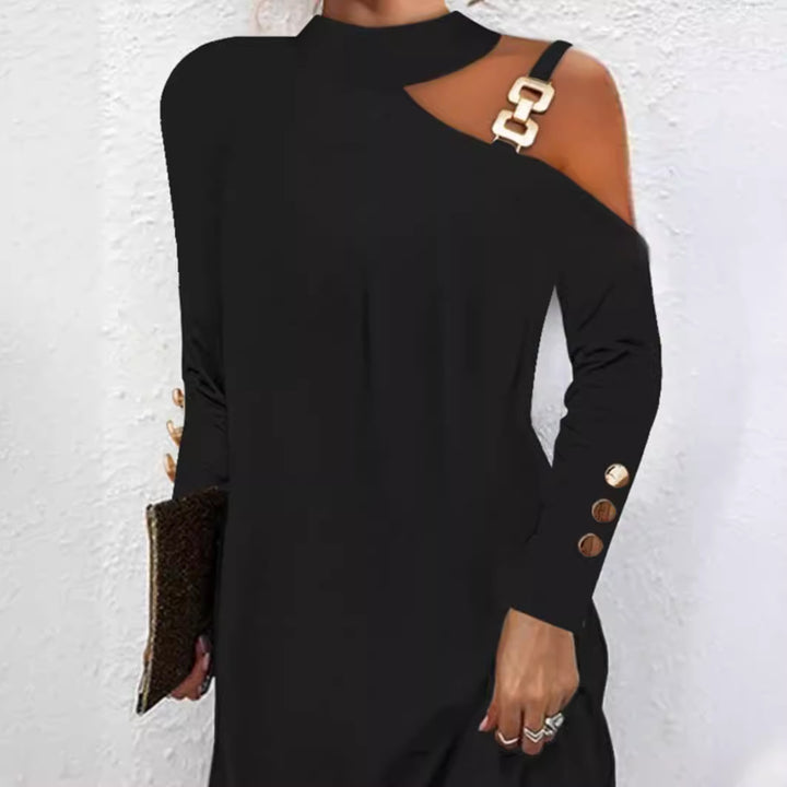 Damen nan asymmetrisches Minikleid mit Stehkragen, Cut-Out-Schulter und Zierkettenträger Echo Archiv