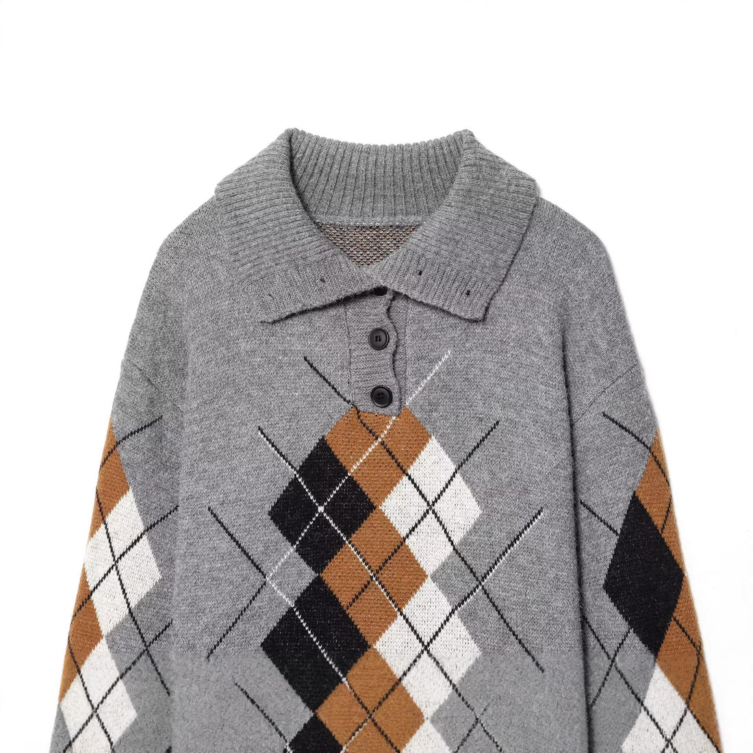 Damen Oversized Pullover mit Rautenmuster und Polokragen mit Knopfleiste Echoarchiv