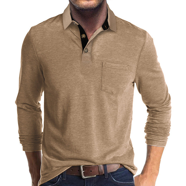 Herren langärmliges Polohemd mit Brusttasche, Kontrastknopfleiste und legerer Stretch-Passform – Cavello