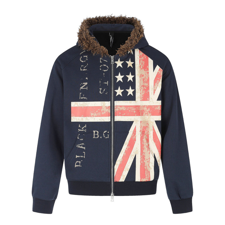Herren Kapuzenjacke mit Kunstfellbesatz, Reißverschluss und Vintage‑Flaggenprint Echoarchiv