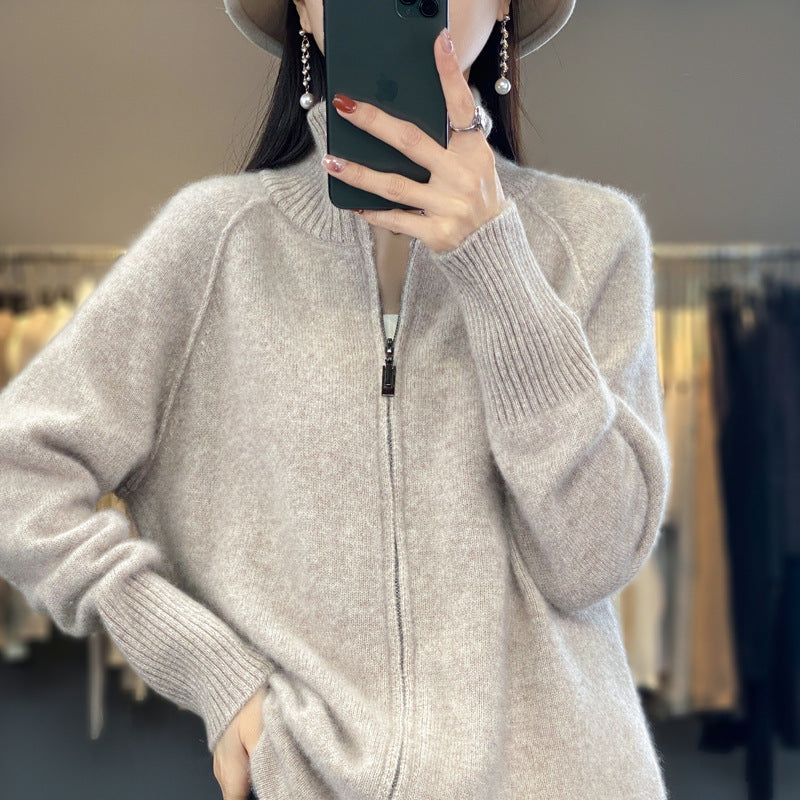 Damen Zip-Cardigan im Kaschmir‑Look mit Stehkragen und gerippten Bündchen Echoarchiv