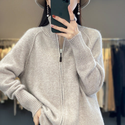 Damen Zip-Cardigan im Kaschmir‑Look mit Stehkragen und gerippten Bündchen Echoarchiv