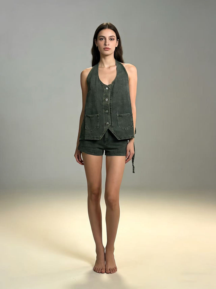 Damen lässiges Denim-Set mit verstellbaren Trägern und Taschen Echo Archiv
