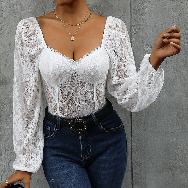 Damen Spitzen-Corsage mit Herzausschnitt, integrierten Cups und transparenten Puffärmeln Echoarchiv