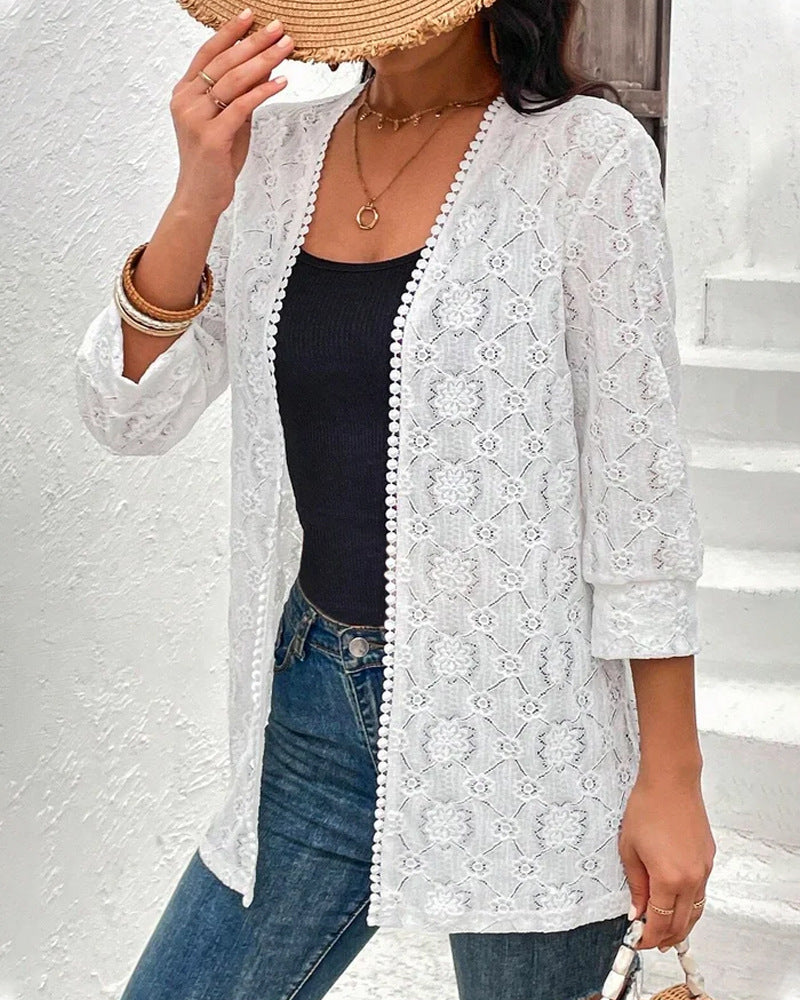 Damen nan leichte Spitzenjacke mit offenem Schnitt, dreiviertelärmeln und gehäkelter Borte Echo Archiv