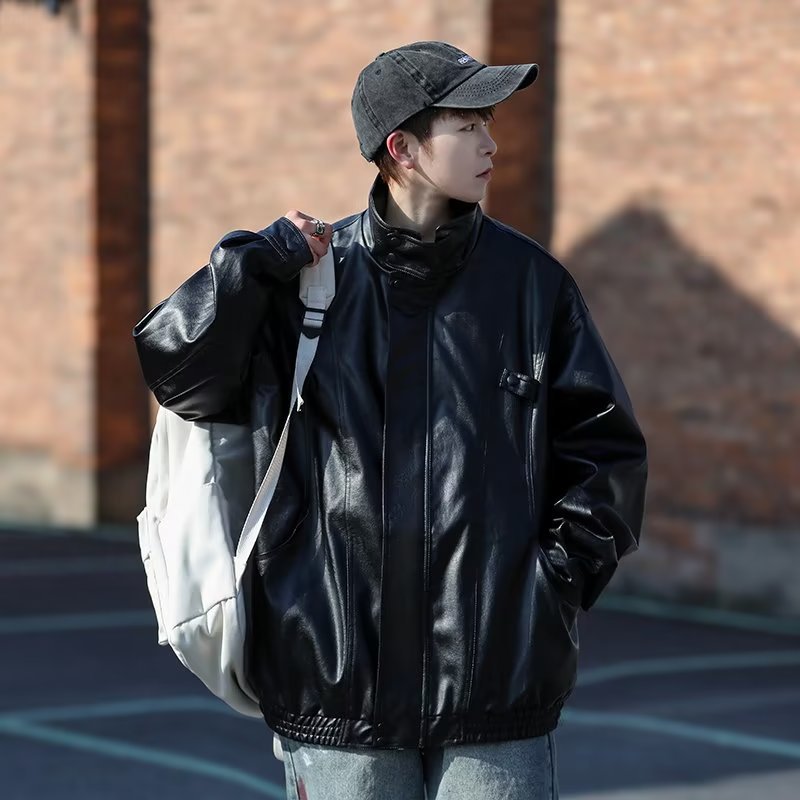 Herren Oversized Kunstlederjacke im Bomberstil mit Stehkragen und elastischem Saum Echoarchiv