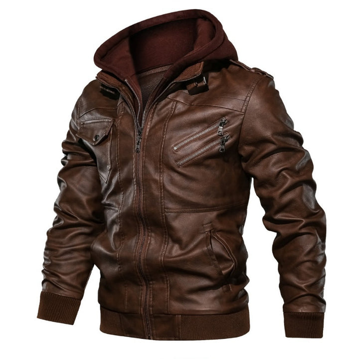 Herren Kunstleder-Bomberjacke mit Kapuze Fleece-Innenfutter und Multifachtaschen – Brevano