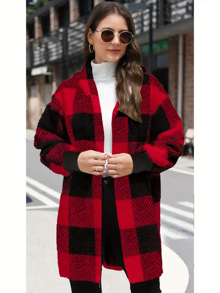 Damen Oversize Karierter Teddy-Mantel mit Kapuze und Eingrifftaschen Echo Archiv