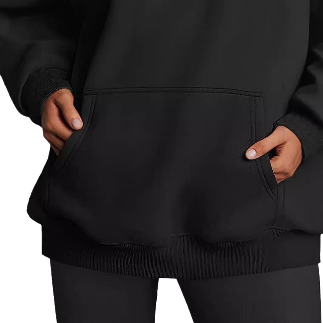 Damen nan Relax-Fleece Kapuzenpullover mit Kängurutasche, verlängerter Rücken und überschnittener Schulter Echo Archiv