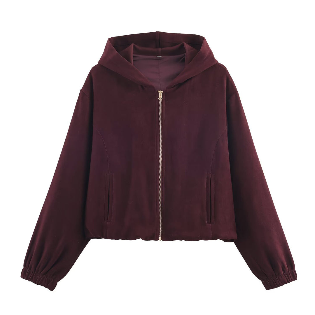 Damen Boxy-Kapuzenjacke aus Veloursoptik mit durchgehendem Reißverschluss und Gummsaum Echo Archiv