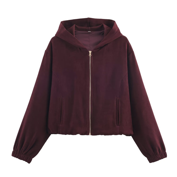 Damen Boxy-Kapuzenjacke aus Veloursoptik mit durchgehendem Reißverschluss und Gummsaum Echo Archiv