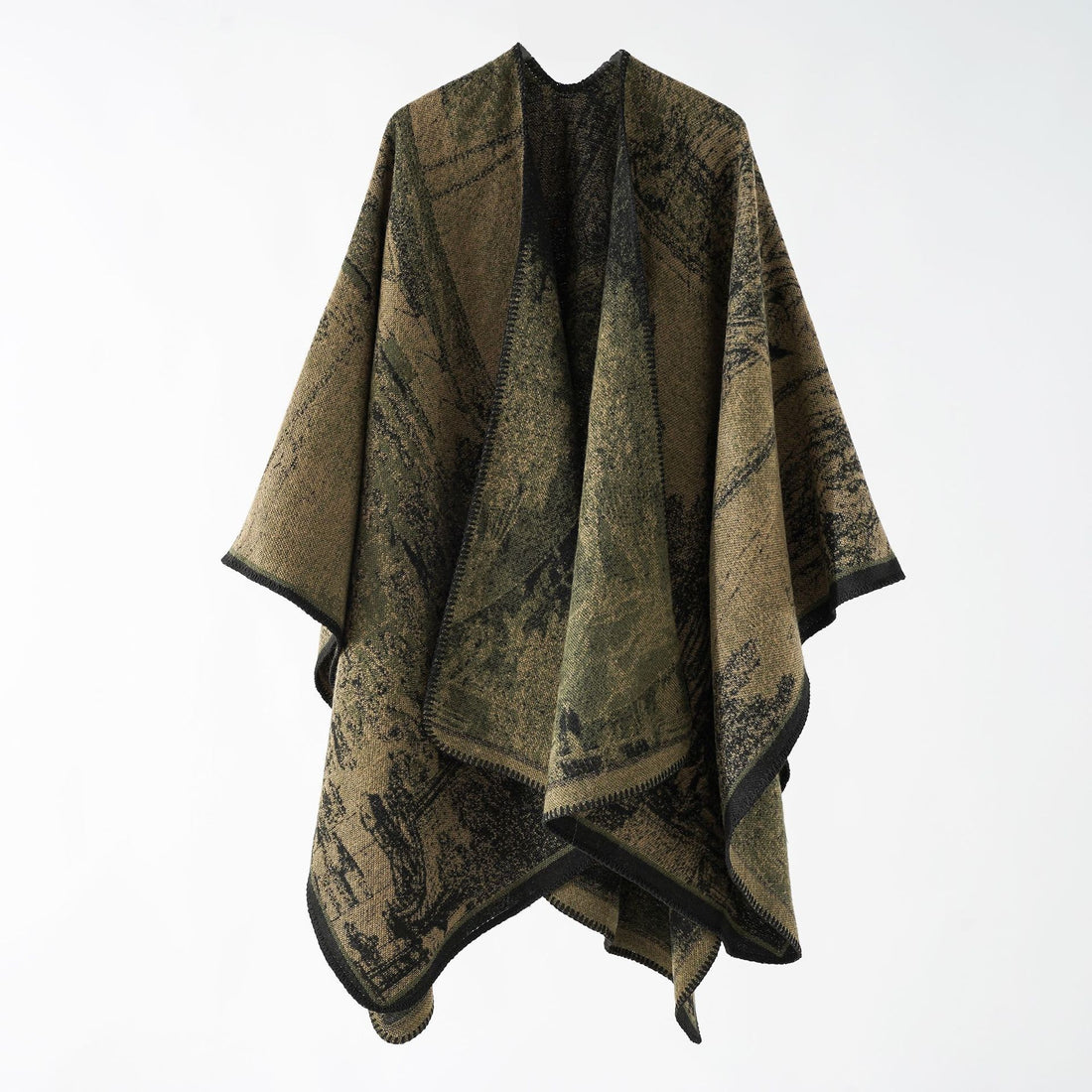 Damen Oversize-Ruana im kastigen Cape mit jacquardgewebter Struktur und weicher Wollmix – Célinea