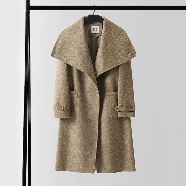 Damen Eleganter langer Wollmix-Cocoon-Mantel mit überlappendem Schalkragen und aufgesetzten Taschen Echoarchiv