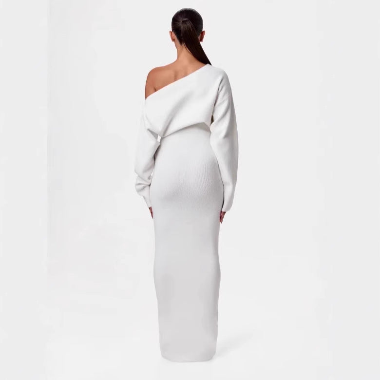 Damen One-Shoulder Maxi Strickkleid mit Übergroßen Ärmeln Echoarchiv