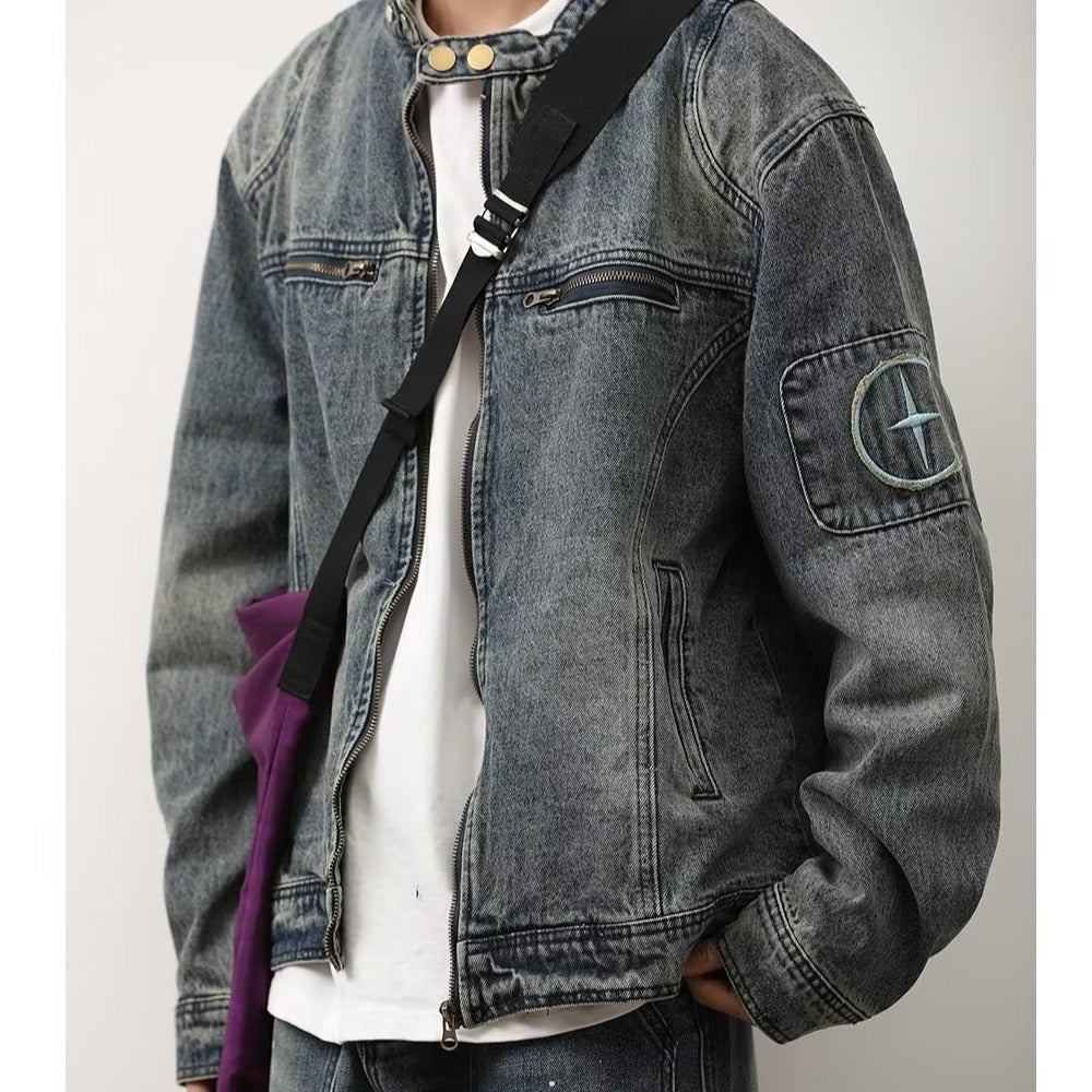 Herren Jeansjacke im Vintage‑Wash mit Stehkragen und Reißverschluss Echo Archiv