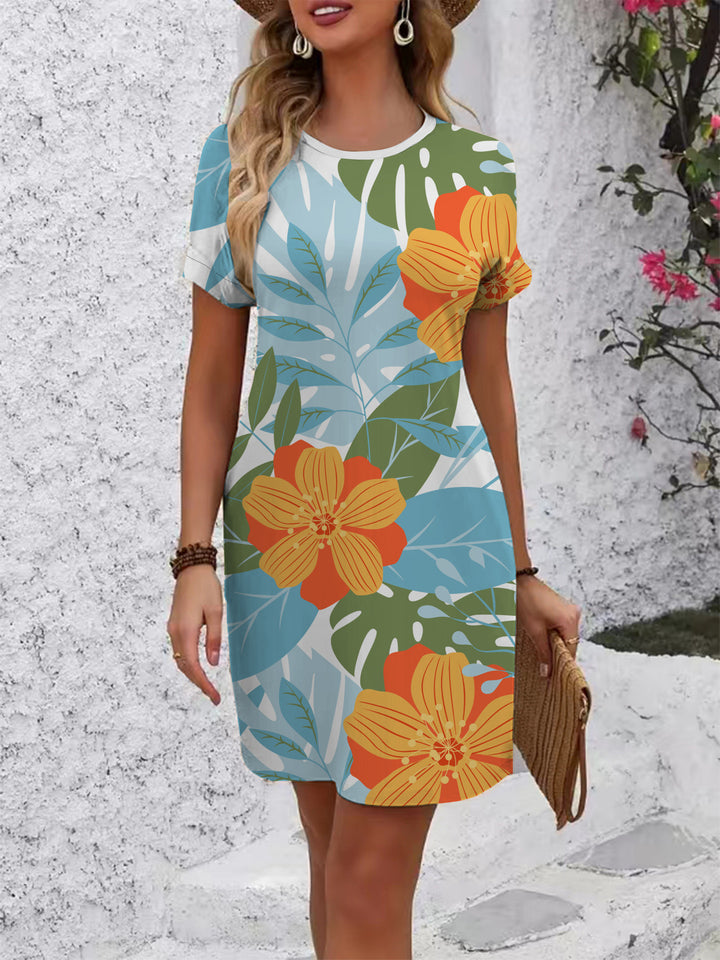 Damen lässiges Blümchenkleid mit Rundhalsausschnitt und lockerer Passform Echo Archiv