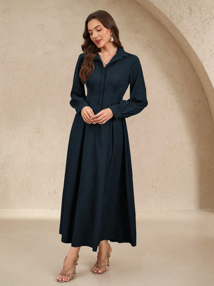 Damen nan langes Hemdblusenkleid mit Taillengürtel, verdeckter Knopfleiste und ballonärmeln Echo Archiv