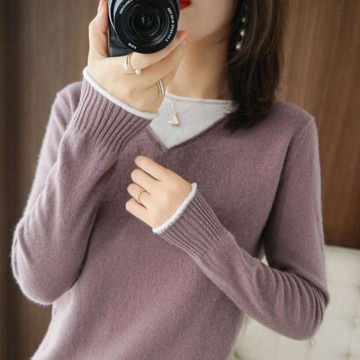Damen Weicher V‑Ausschnitt-Pullover aus Kaschmir‑Look mit kontrastierter Kantenverzierung Echoarchiv