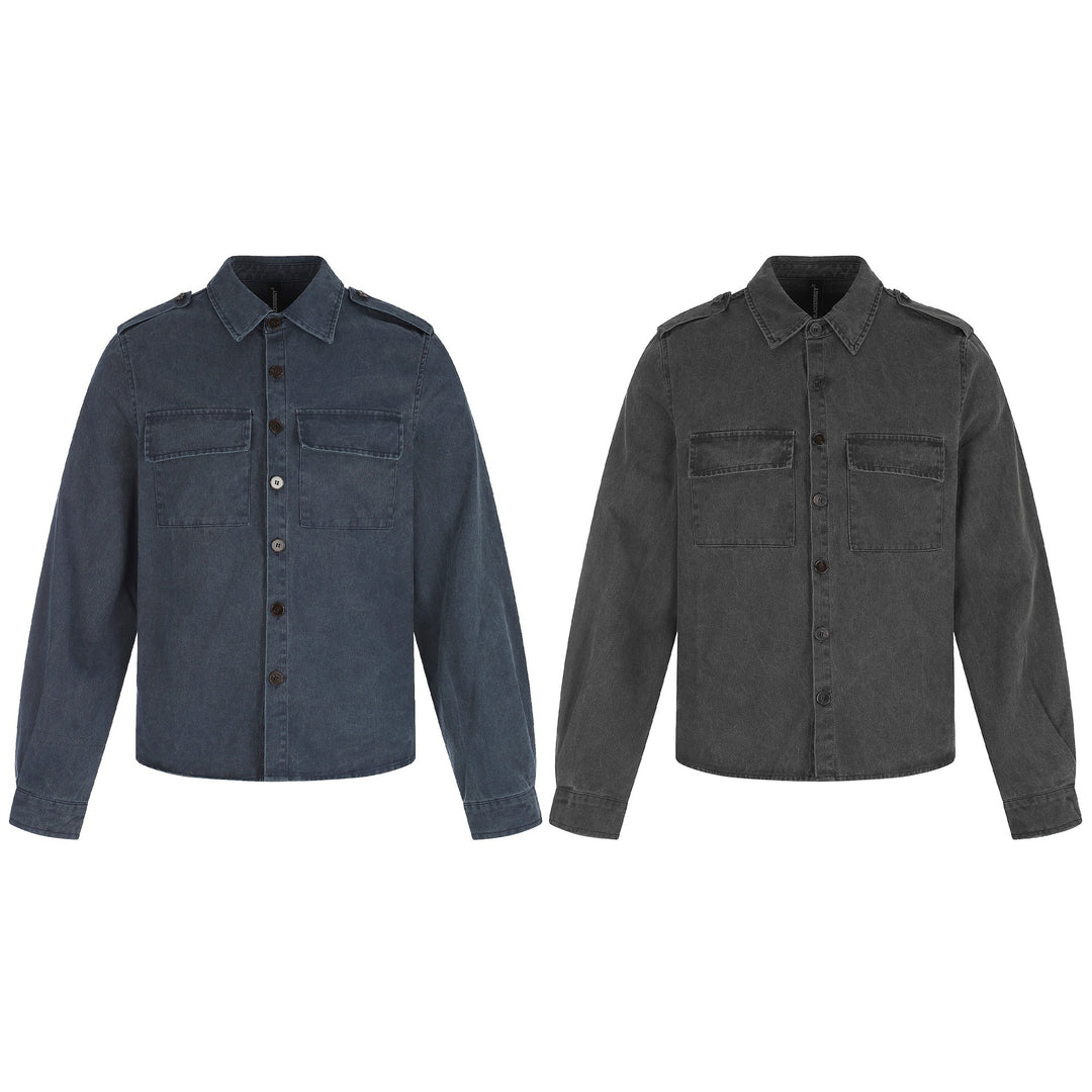 Herren Hemdjacke aus gewaschenem Denim mit Pattentaschen und Schulterklappen Echoarchiv
