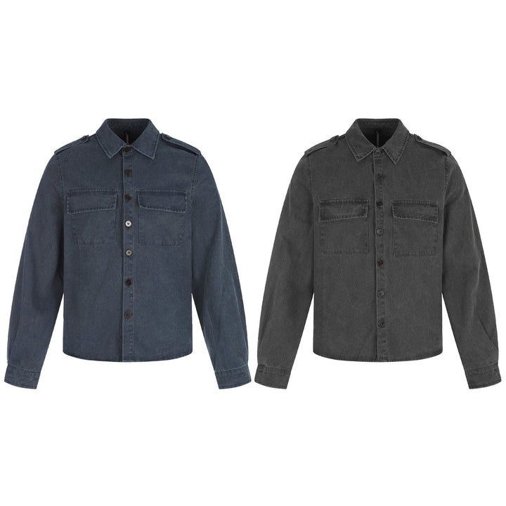 Herren Hemdjacke aus gewaschenem Denim mit Pattentaschen und Schulterklappen Echoarchiv