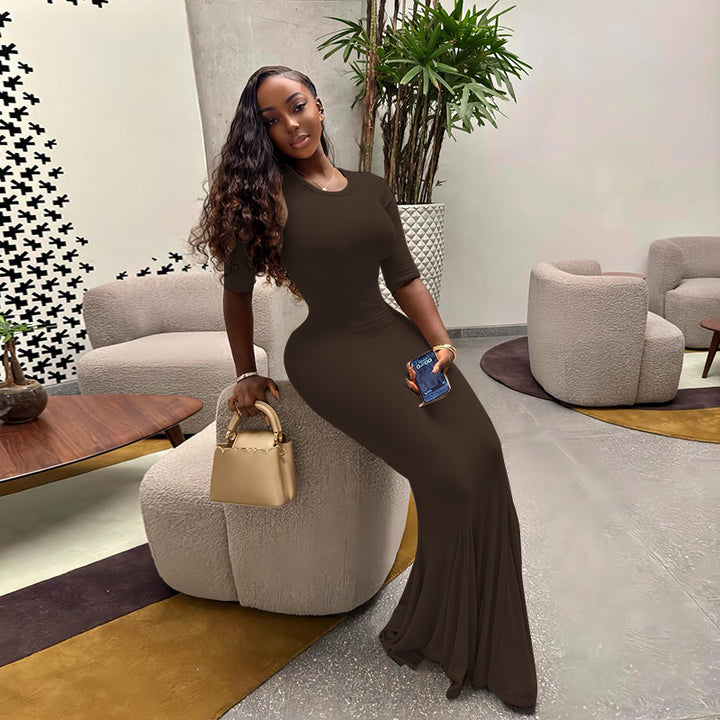Damen figurbetontes Maxikleid mit Trompetensaum und Dreiviertelärmeln – Avérine