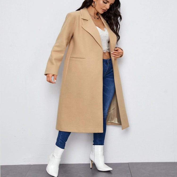 Damen Maxilanger Einreihiger Mantel im minimalistischen Tailoring mit verdeckter Knopfleiste und Eingrifftaschen Echoarchiv