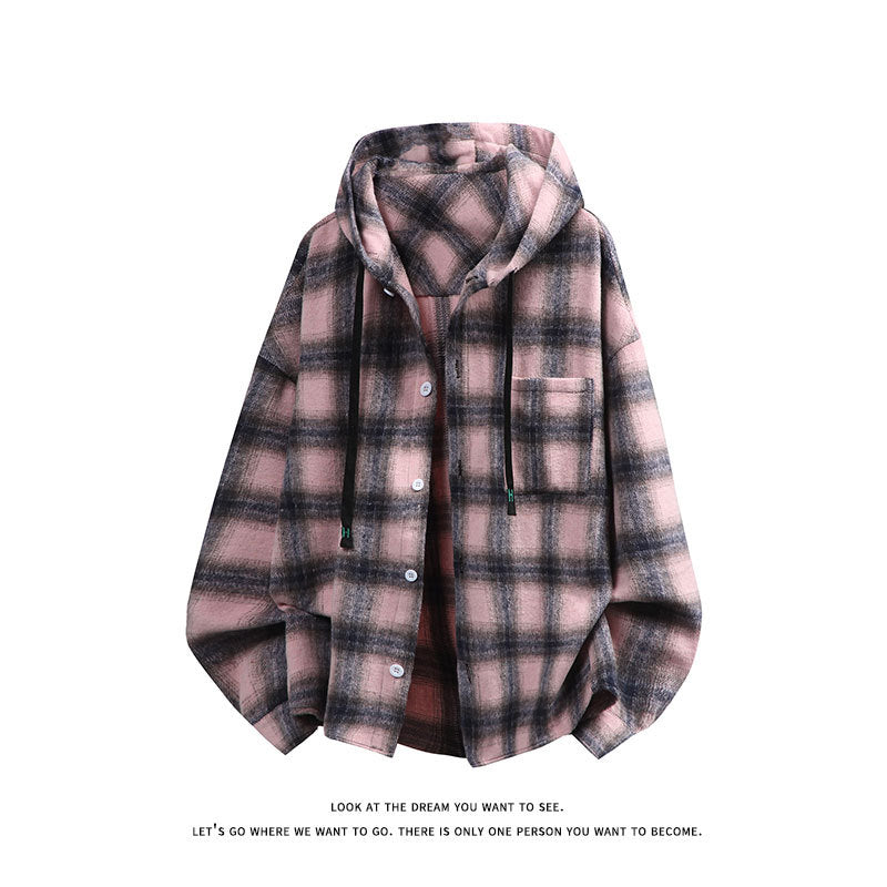 Unisex nan oversized Kapuzen-Hemdjacke aus Flanell mit Karomuster und Brusttasche Echo Archiv