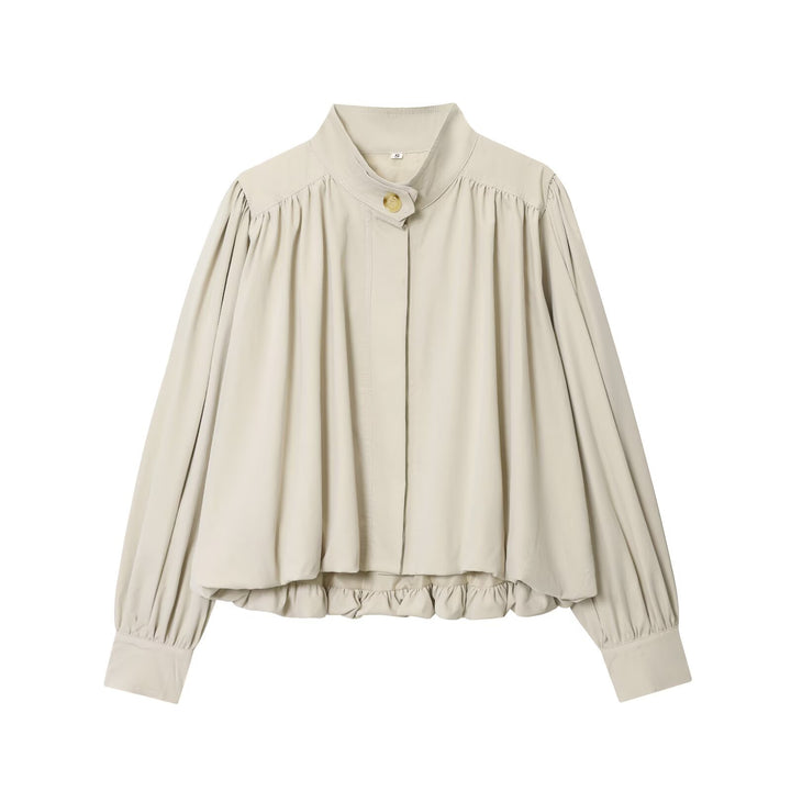 Damen Voluminöse Cropped-Bluse mit Stehkragen, Raffungen und elastischem Saum Echo Archiv
