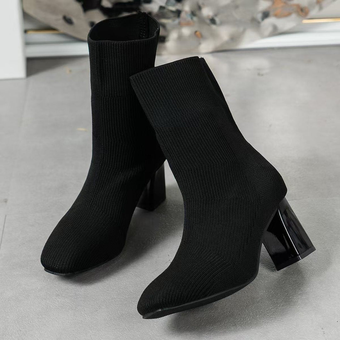 Damen Strickstiefeletten mit transparentem Blockabsatz und elastischem Schaft Echoarchiv