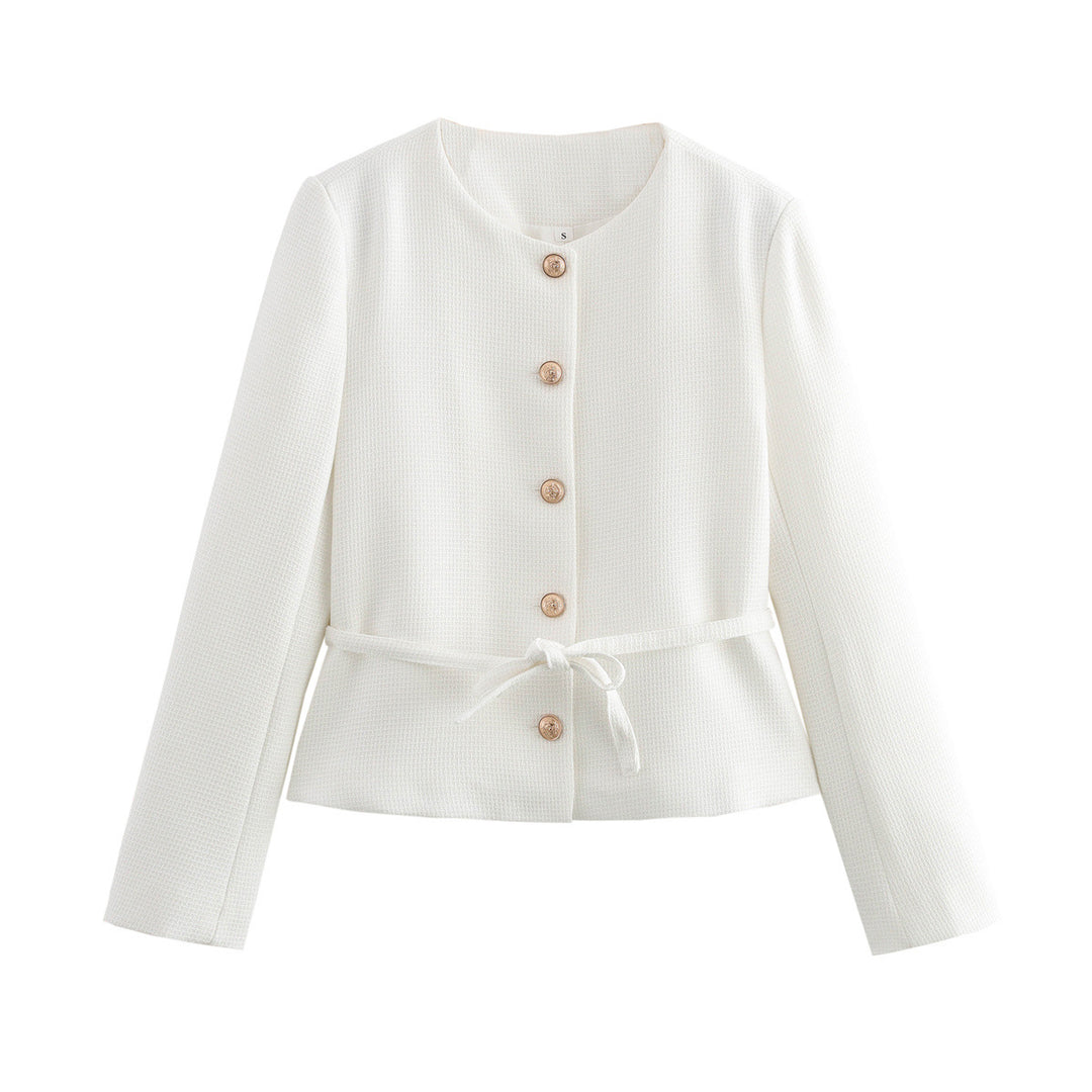 Damen strukturierte Kurzjacke mit Rundhalsausschnitt Holzknopf‑Leiste und taillierendem Bindegürtel – Célinea