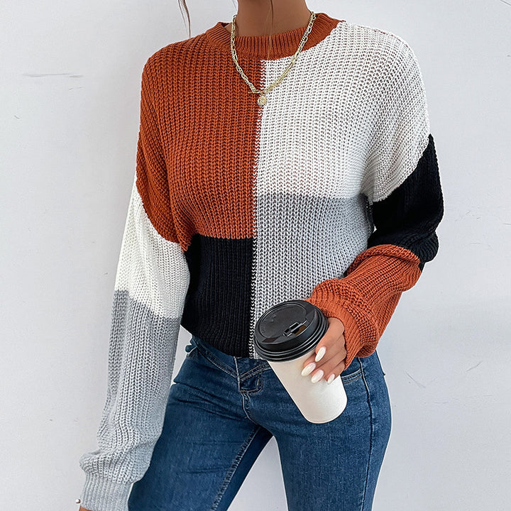 Damen Grobgestrickter Colorblock-Pullover Oversize mit Rundhals & Ballonärmeln Echoarchiv