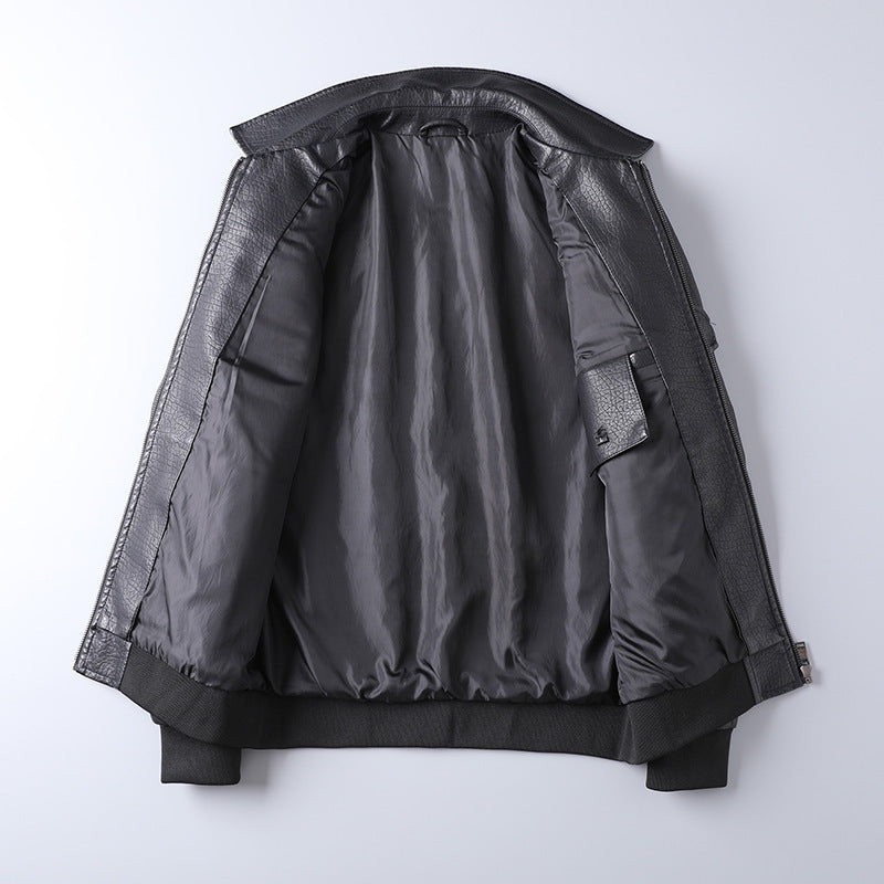 Herren Kunstleder-Fieldbomberjacke im Pilotenstil mit Patch‑Applikationen und Frontklappentaschen Echoarchiv