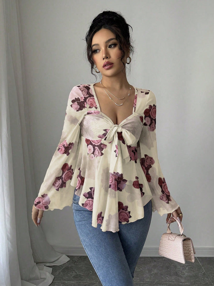Damen Transparente Chiffon-Babydoll-Bluse mit Knotenfront und floralem Allover-Print Echo Archiv